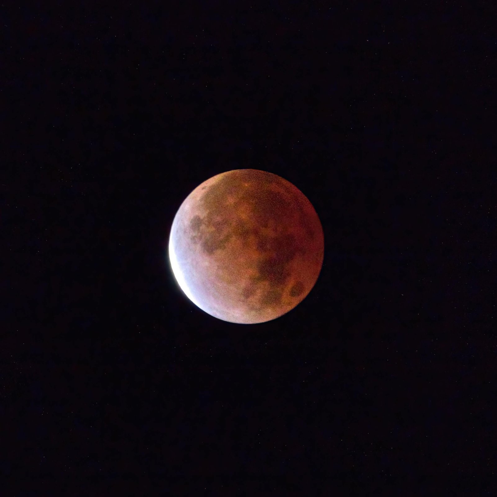 Stunning capture of a red-tinted blood moon during a lunar eclipse against a starry night sky.
